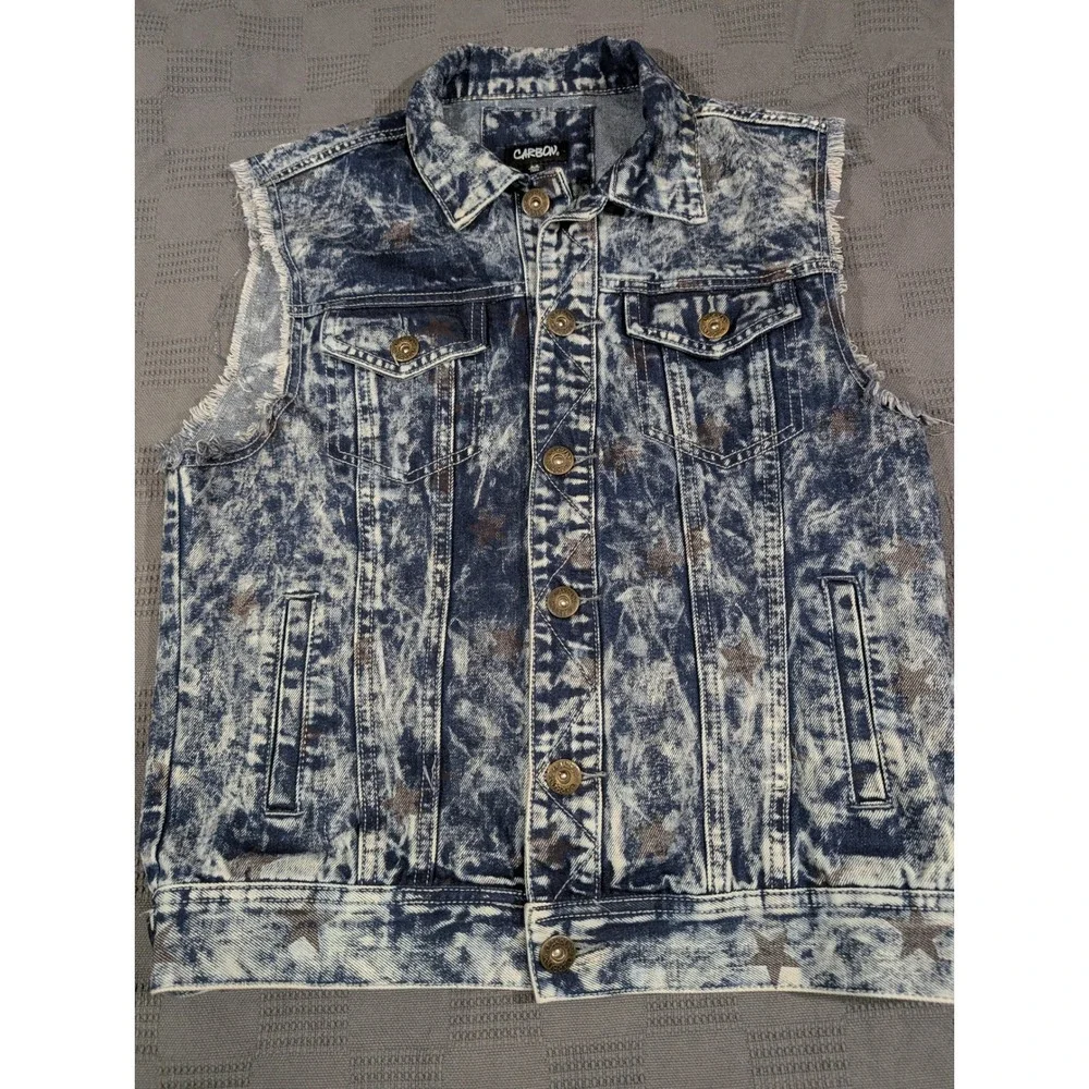 Carbon Mens Acid Wash Denim Vest Blue Brown Star Print Frayed Sleeveless Medium